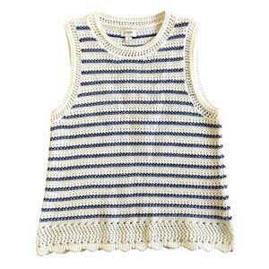 J.Crew Women's Sz S Striped Crochet Knit Tank Top Ivory Navy Blue Sleeveless